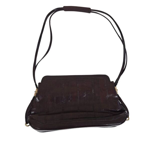 Vintage 60s Black Eel Skin Leather Shoulder Bag Gold Hardware Adjustable Strap - Picture 1 of 9